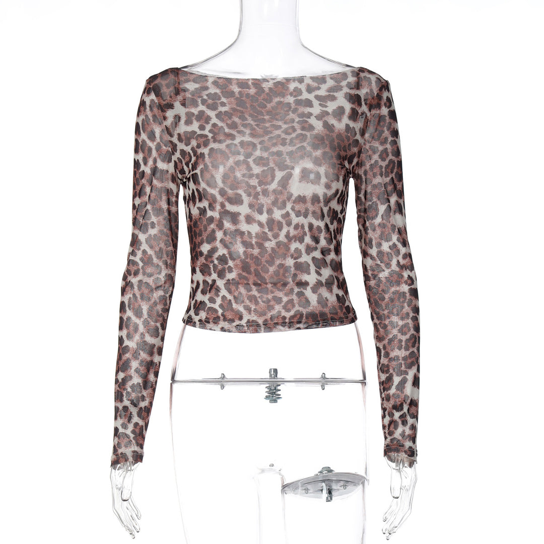 Damen Transparente Langarmbluse mit Leopardenmuster Drune