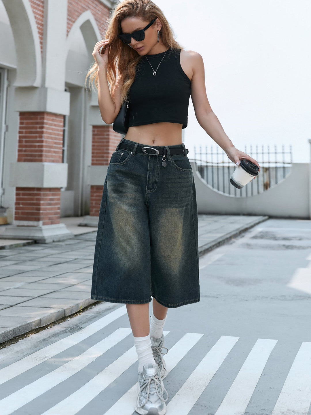 Damen Weite Denim-Culotte mit modischer Nackenbindung Drune