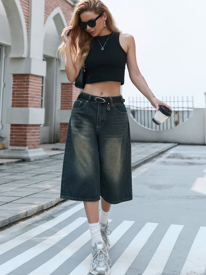 Damen Weite Denim-Culotte mit modischer Nackenbindung Drune