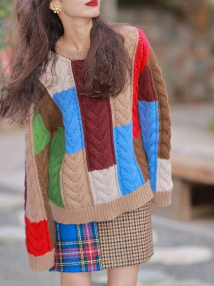 Damen Grobstrickpullover mit buntem Patchwork-Muster Drune