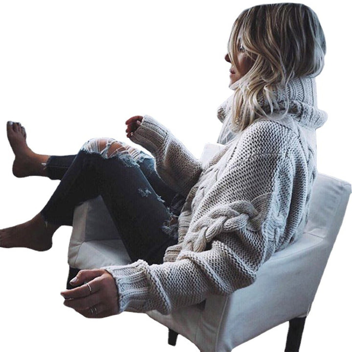Damen Grobstrickpullover mit weitem Rollkragen und Zopfmuster Drune