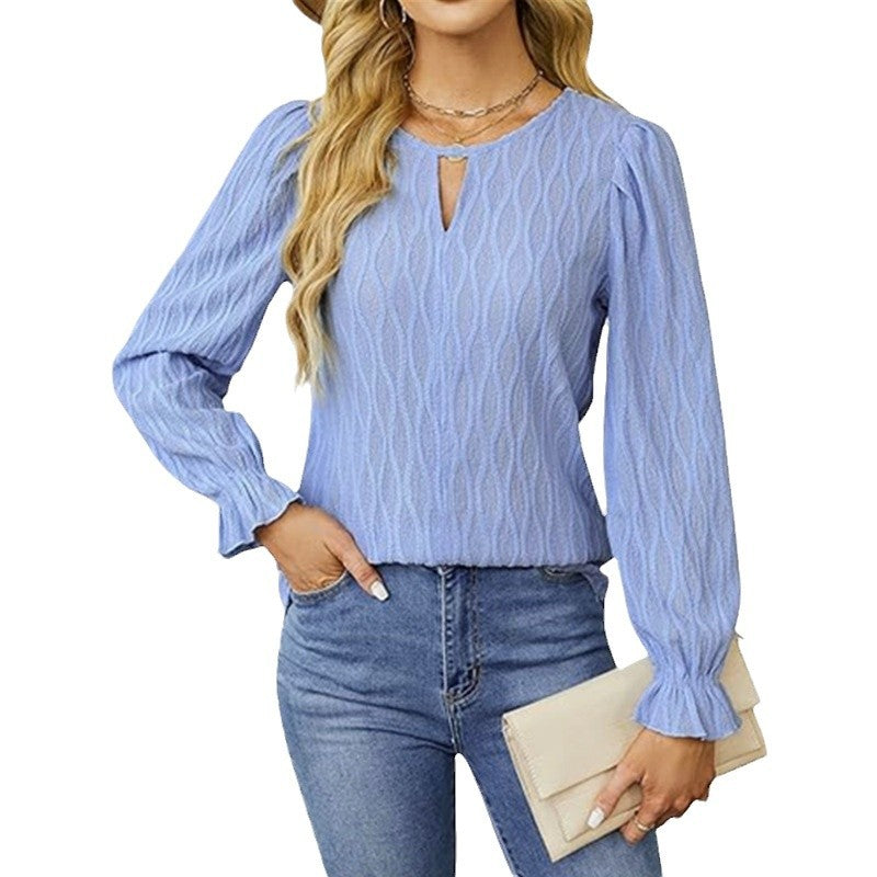 Damen elegantes Langarmshirt mit strukturiertem Stoff und Schlüsselloch-Ausschnitt Drune