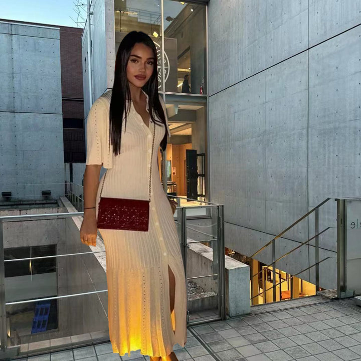 Damen Knielanges Strickkleid mit eleganter Knopfleiste und modischen Details Drune