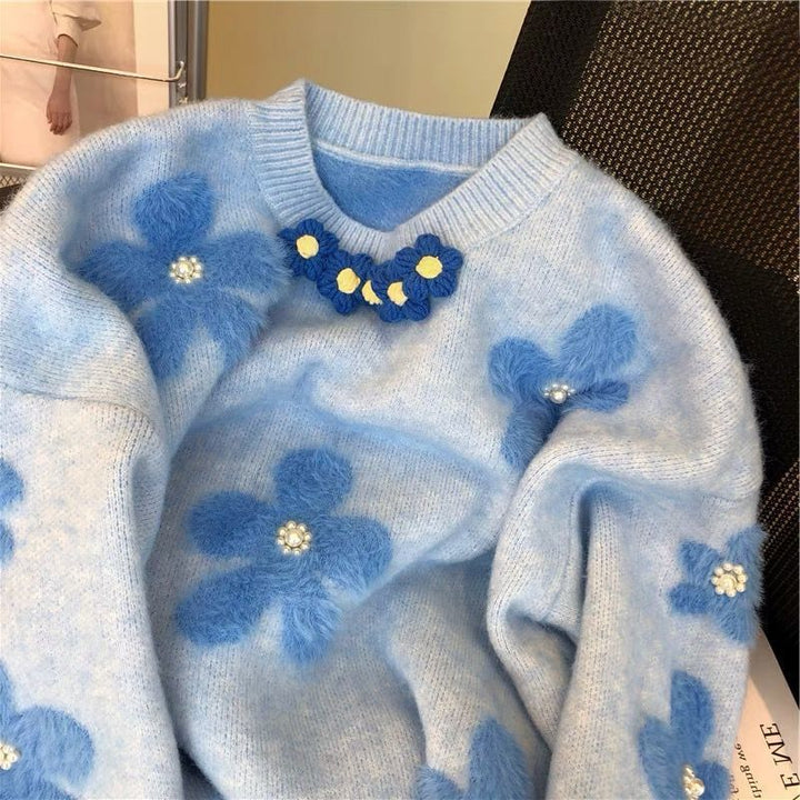 Damen Strickpullover mit floralem Design und Perlenverzierungen Drune