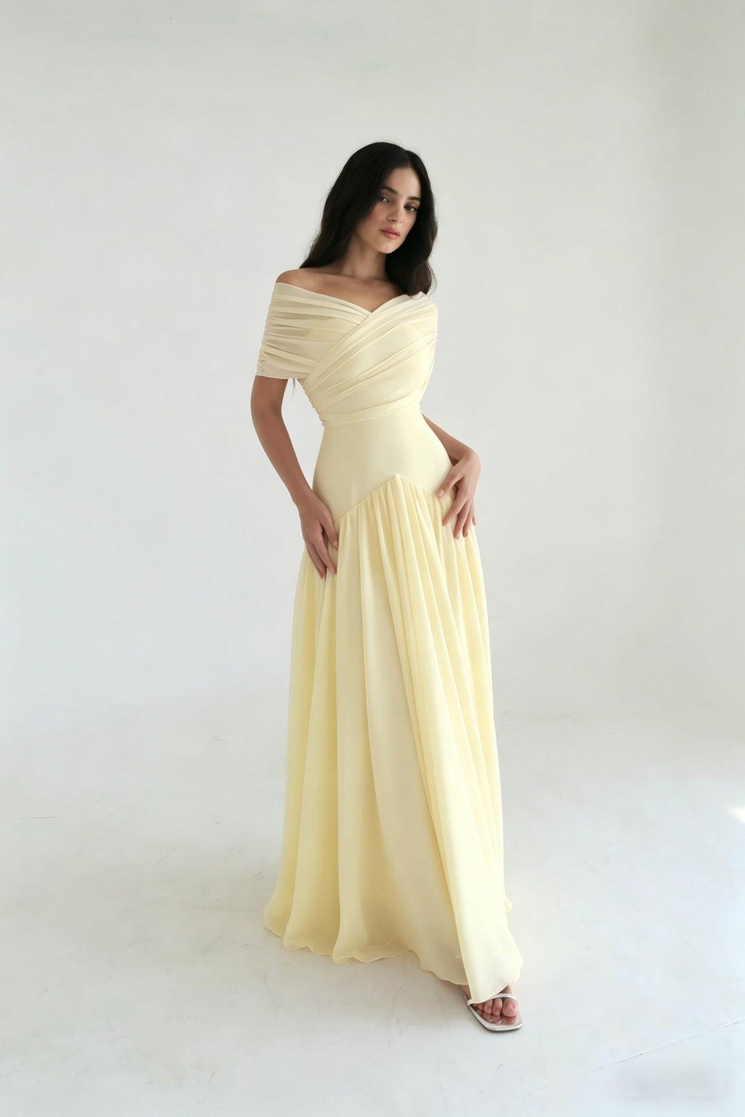 Damen Elegantes Maxikleid mit Wickeloptik und transparenten Ärmeln Drune