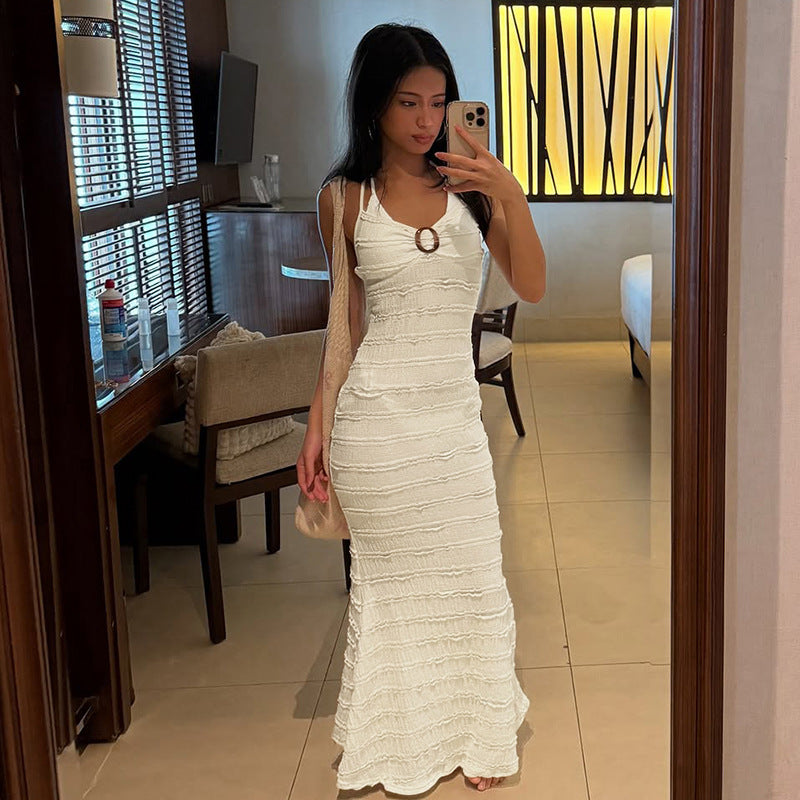 Damen Strick-Maxikleid mit verführerischem Wasserfall-Ausschnitt und feinen Rippendetails Drune