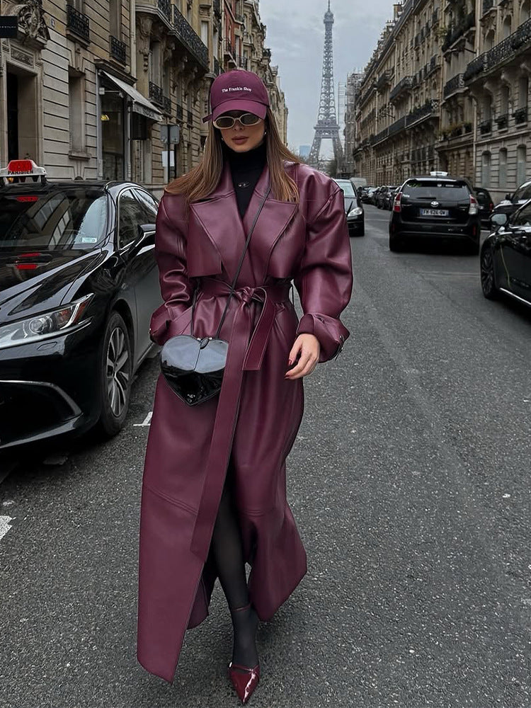 Damen elegante Kunstlederjacke mit voluminösen Ärmeln und Taillengürtel Drune