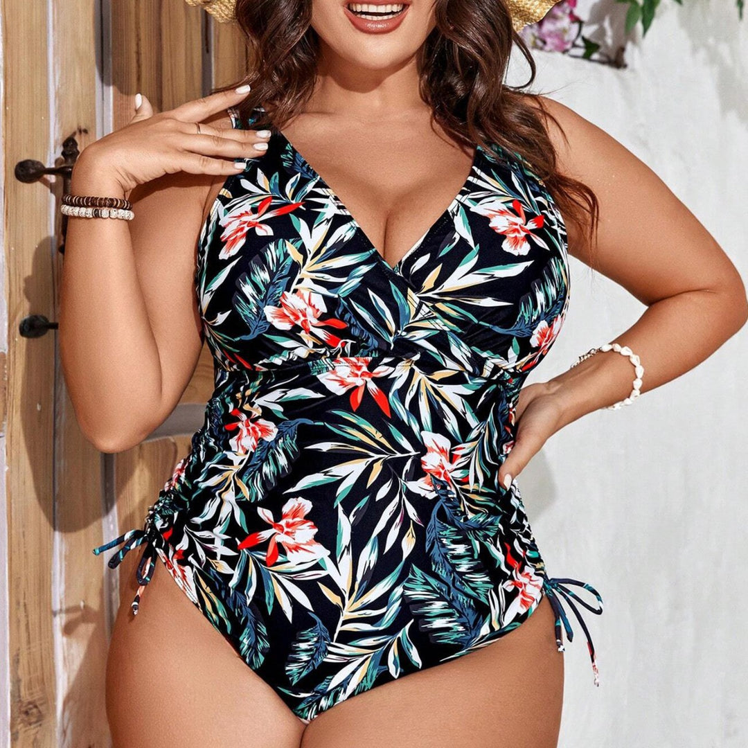 Damen Einteiler Badeanzug mit floralem Wickeldesign und figurformenden Raffungen Drune
