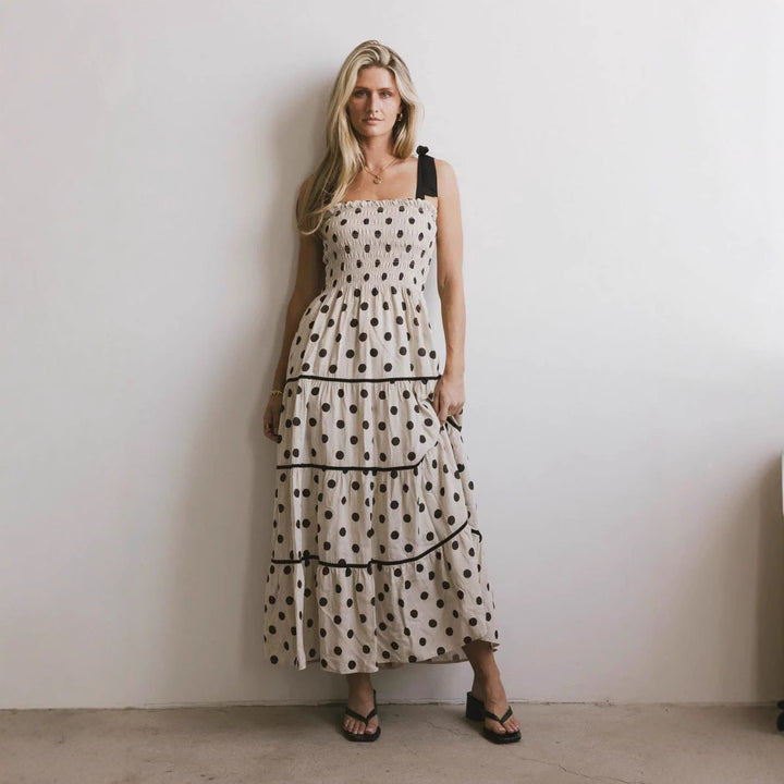 Damen Maxikleid mit dekorativen Punkten und schulterfreiem Design Drune