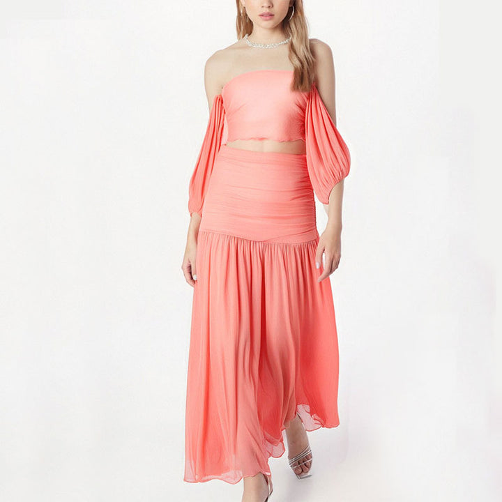 Damen Maxikleid mit elegantem Off-Shoulder Design und fließendem Stoff Drune