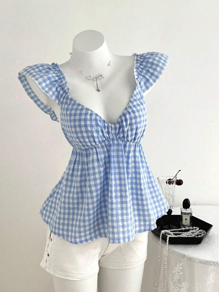 Damen luftige V-Ausschnitt Bluse mit Rüschendetails Drune