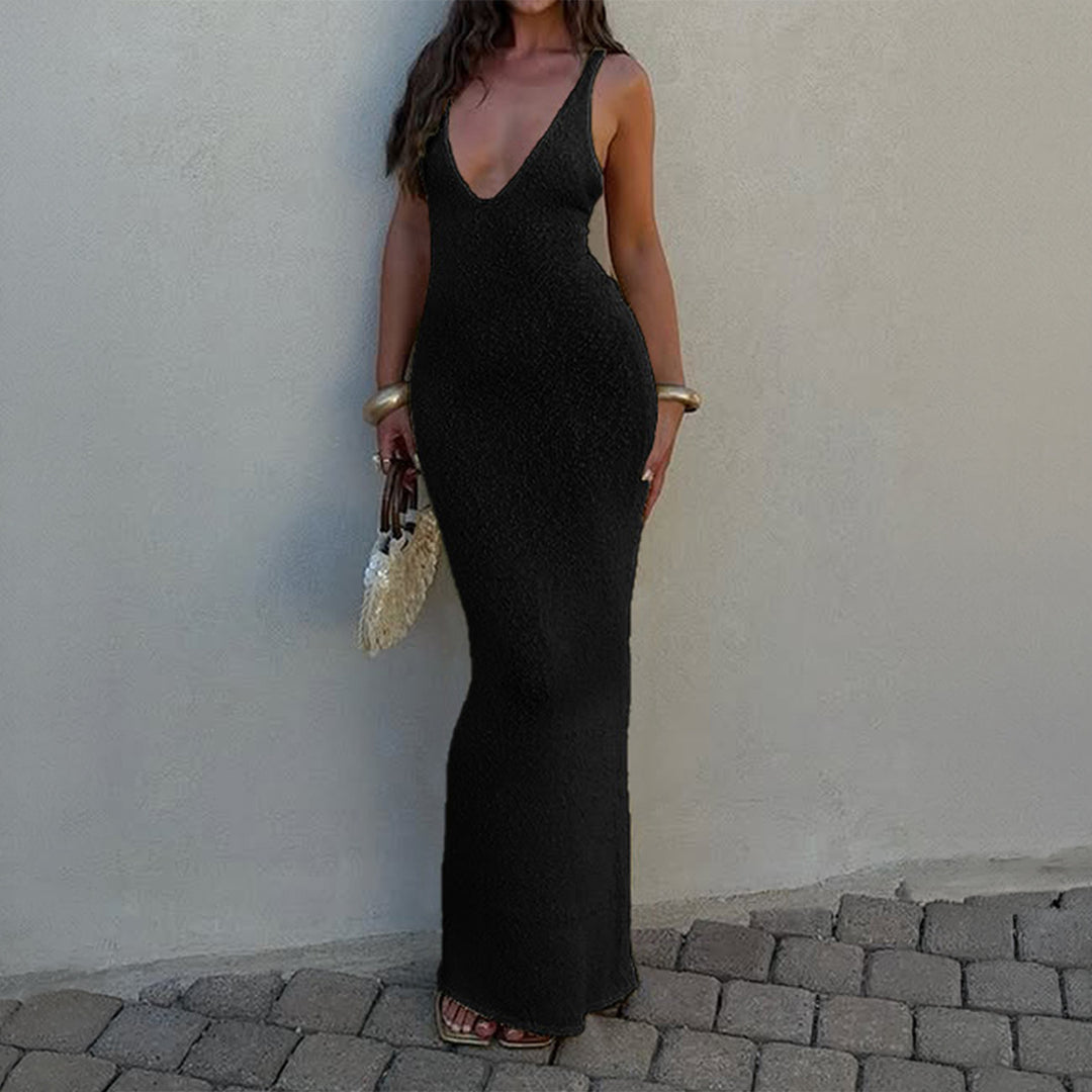 Damen Elegantes Maxikleid mit tiefem V-Ausschnitt und figurbetonter Silhouette Drune