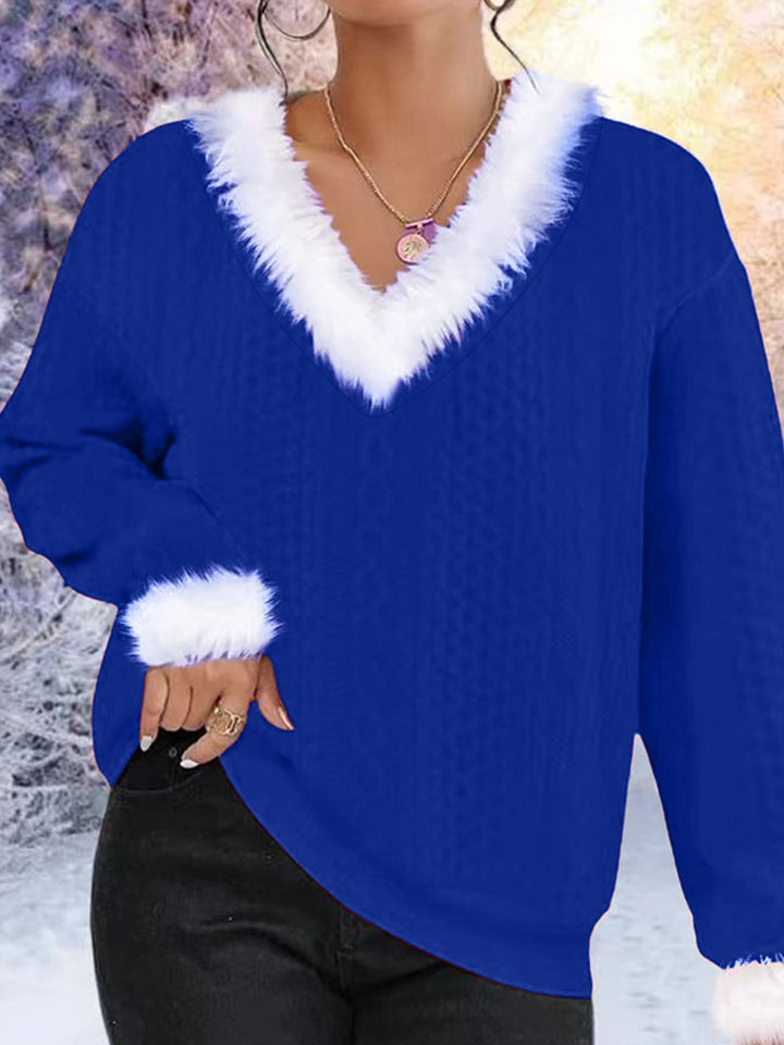 Damen Strickpullover mit V-Ausschnitt und kontrastierendem Pelzbesatz Drune