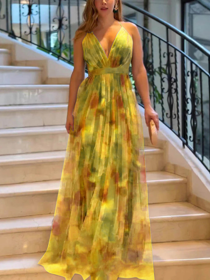 Damen Elegantes Maxikleid mit schwingendem Rock und raffiniertem V-Ausschnitt Drune