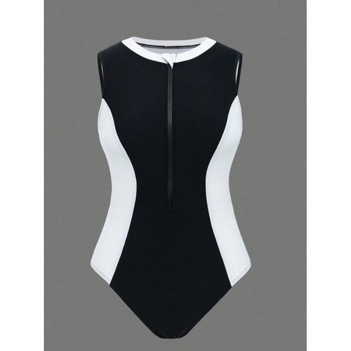 Damen Sportlicher One-Piece Badeanzug mit Reißverschluss und Farbakzenten Drune