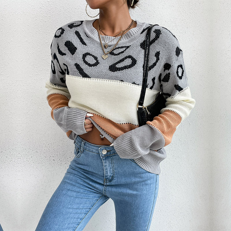 Damen lässiger Strickpullover mit modischem Farbblockdesign und animalischem Muster Drune
