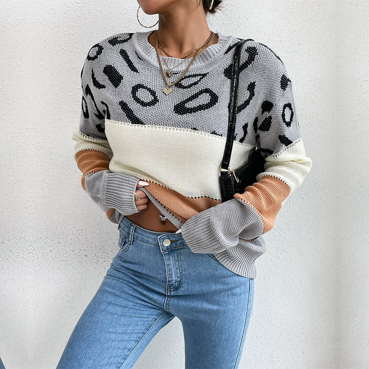Damen lässiger Strickpullover mit modischem Farbblockdesign und animalischem Muster Drune