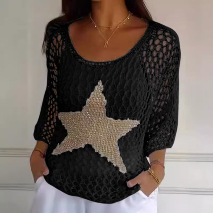 Damen nan oversized gehäkelter Pullover mit Sternapplikation und 3/4-Ärmeln Drune