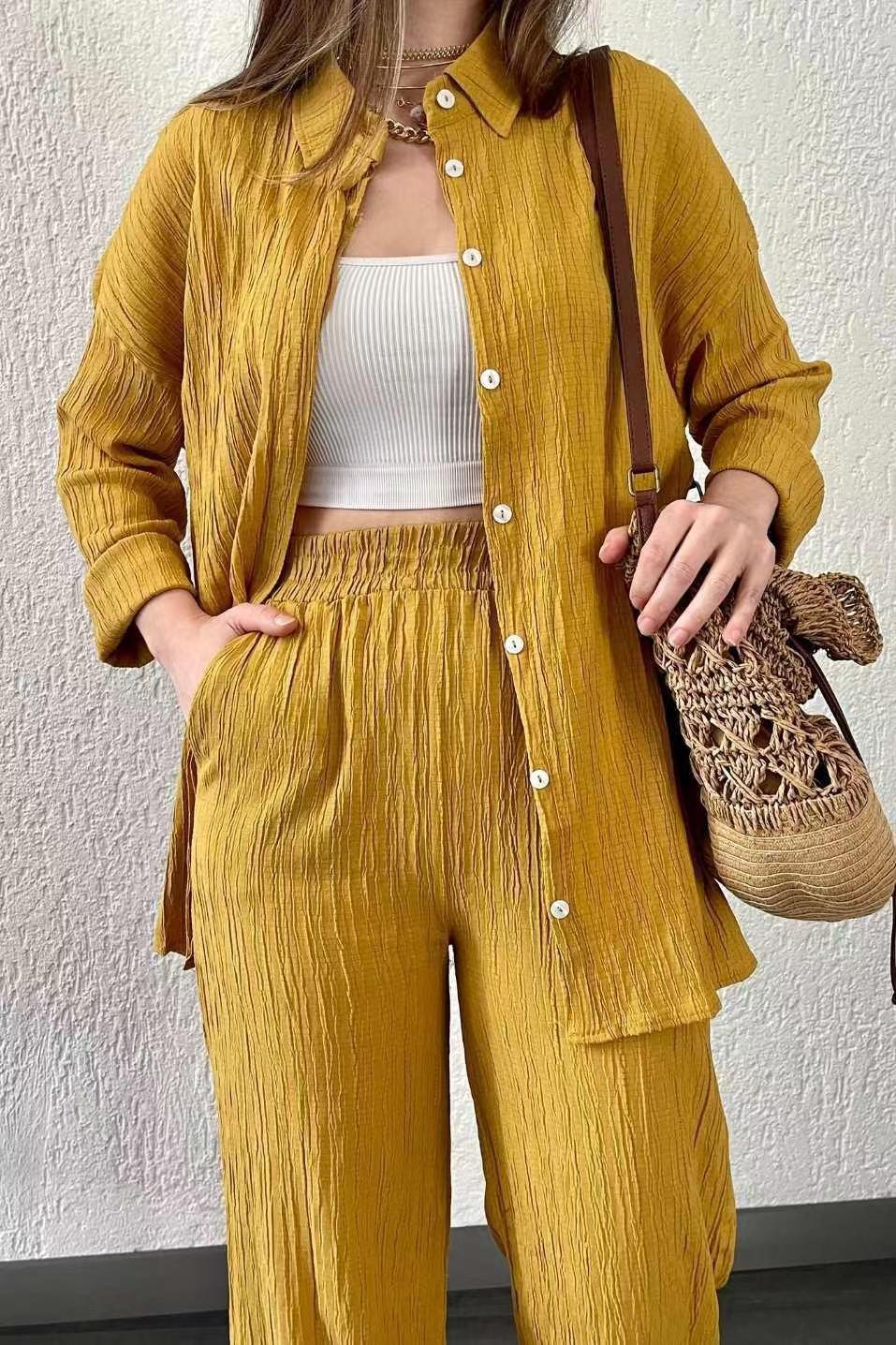 Damen lässiges Übergrößen-Hemd und lockere Hose Set Drune