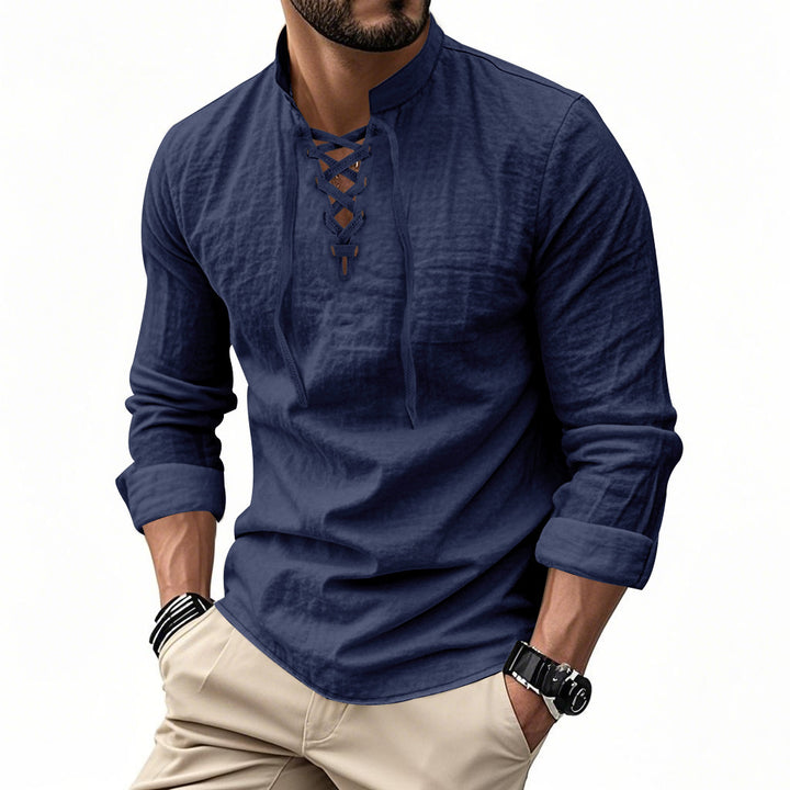 Herren nan Leinenoptik Langarmshirt mit Schnürung V-Ausschnitt und Stehkragen Drune