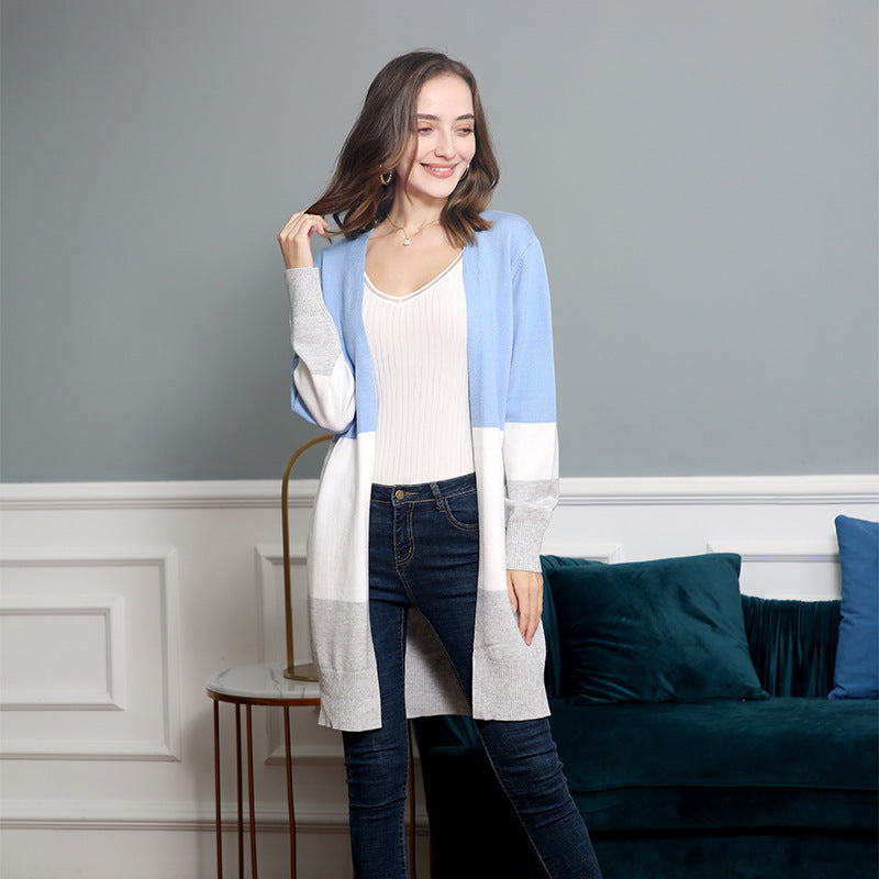 Damen lässige Strickjacke mit modernem Blockstreifenmuster und offenen Fronten Drune