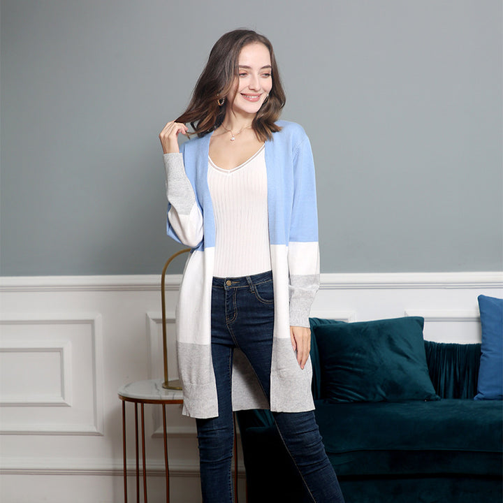 Damen lässige Strickjacke mit modernem Blockstreifenmuster und offenen Fronten Drune