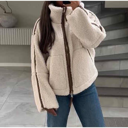 Damen gemütliche Teddy-Fleecejacke mit hohem Kragen und komfortablem Schnitt Drune