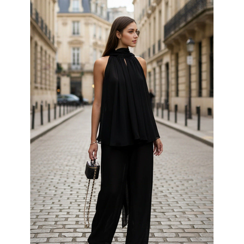 Damen Elegantes Chiffonoberteil mit tiefem Wasserfallausschnitt und fließendem Stoff Drune