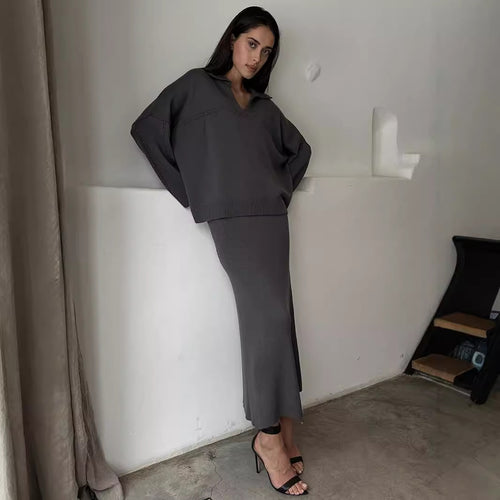 Damen Lässiger Pullover mit V-Ausschnitt und passendem Maxirock Drune