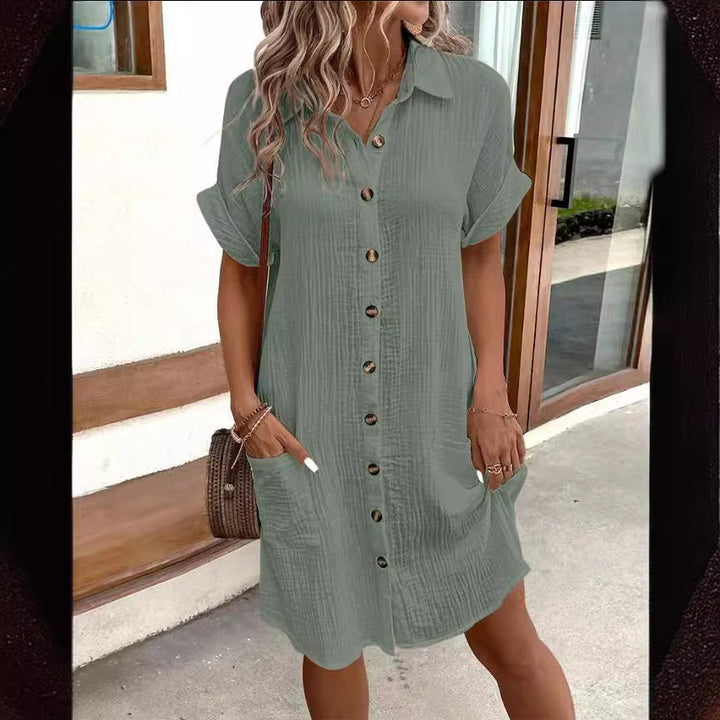 Damen Hemdblusenkleid aus leichtem Baumwollstoff mit praktischen Taschen und durchgehender Knopfleiste Drune