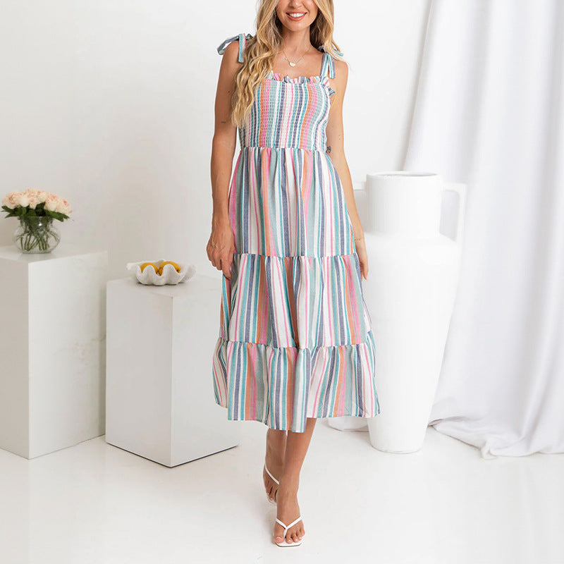 Damen lässiges Sommerkleid mit Rüschendetails und buntem Streifenmuster Drune