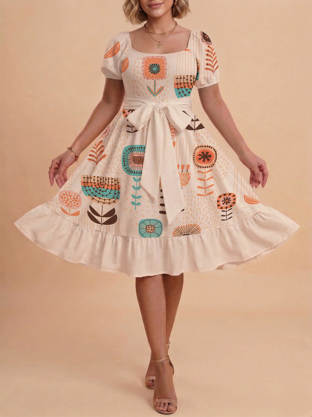 Damen Sommerkleid mit floralem Puffärmel und taillierbarem Gürtel Drune