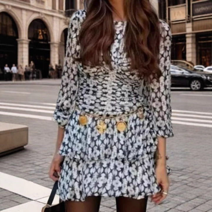 Damen fließendes Sommerkleid mit voluminösem Rock und Rüschendetails Drune