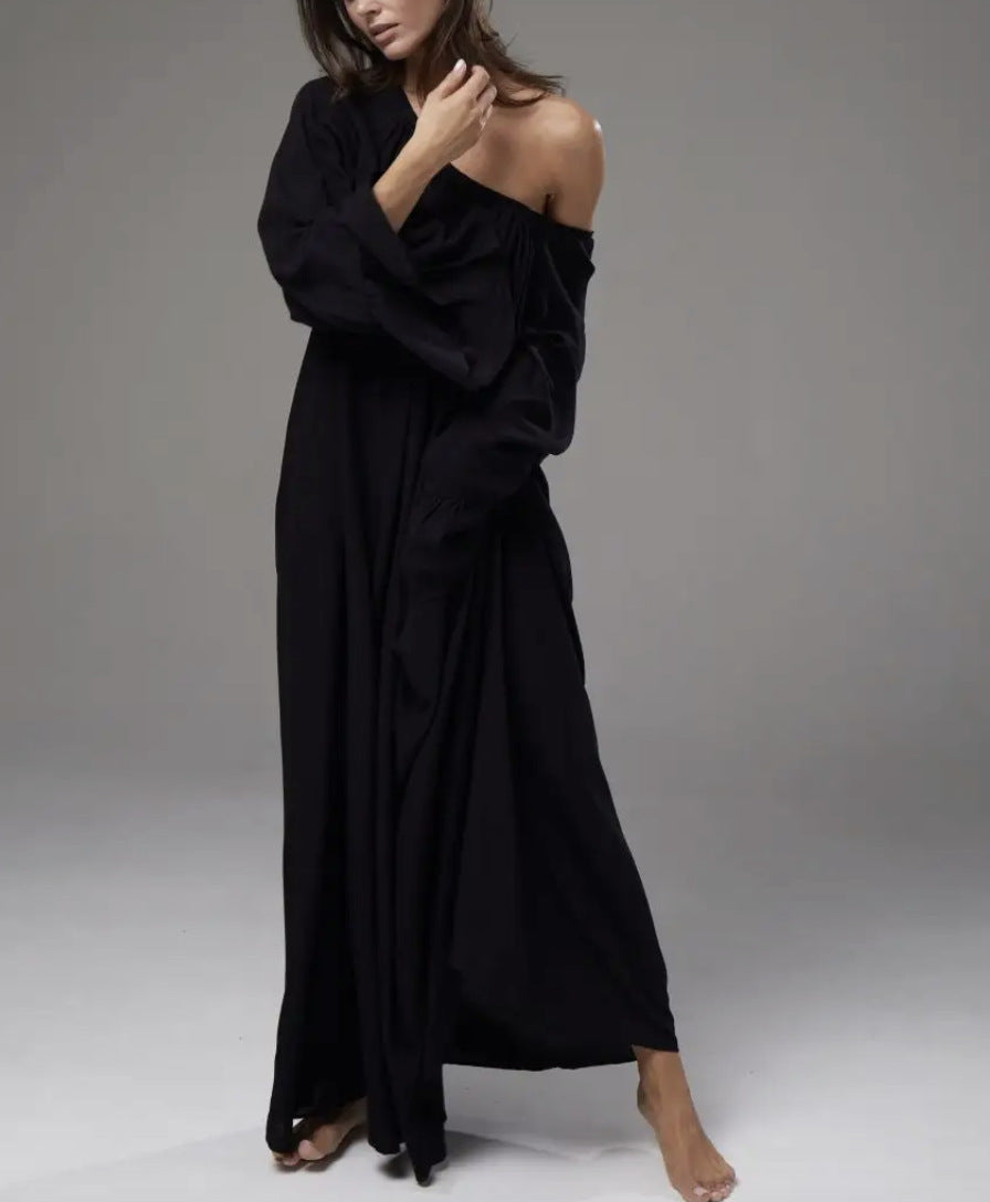Damen lockeres Maxikleid mit weiten Rüschenärmeln Drune