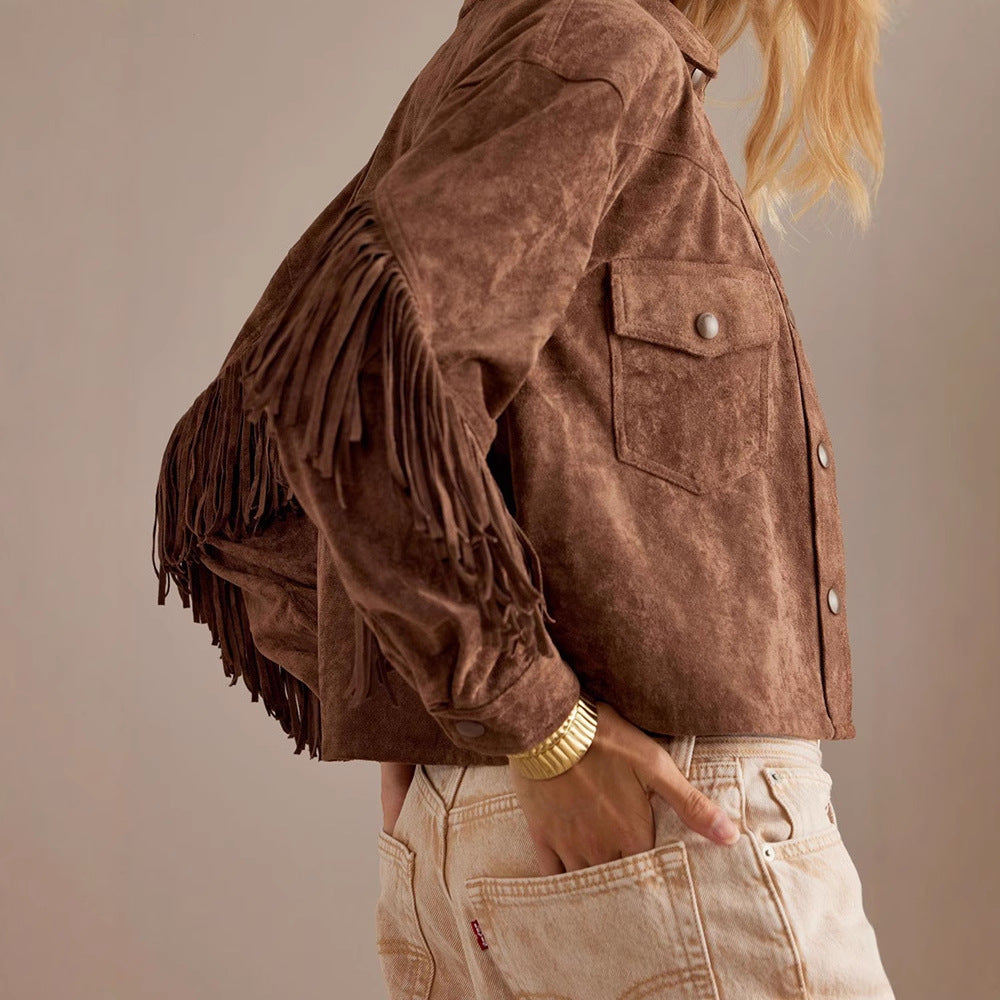 Damen Wildlederjacke mit Fransen und oversized Schnitt Drune