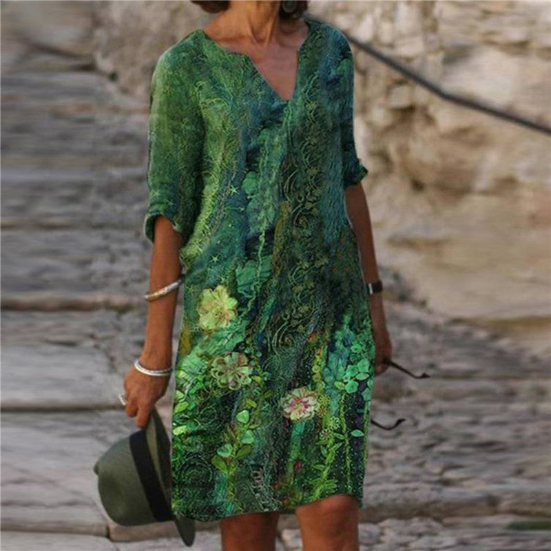 Damen Freizeitkleid mit floralem Design und V-Ausschnitt Drune