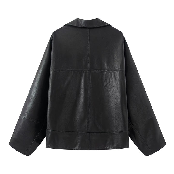 Damen elegante Kunstlederjacke mit oversized Schnitt Drune