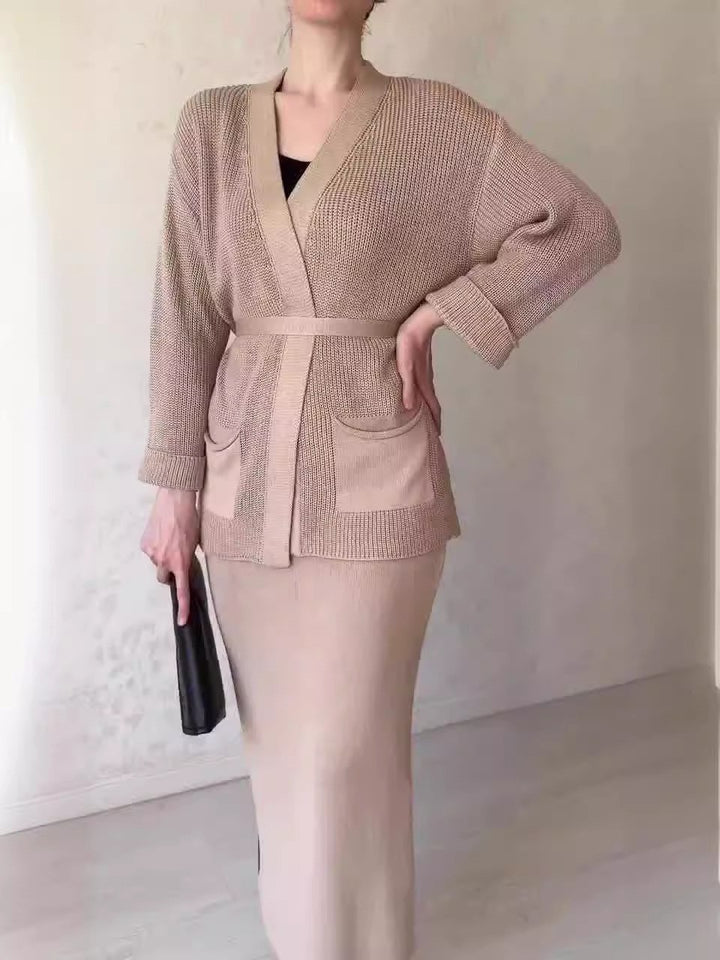 Damen elegantes Bleistiftkleid mit modischer Blazerjacke und praktischen Taschen Drune