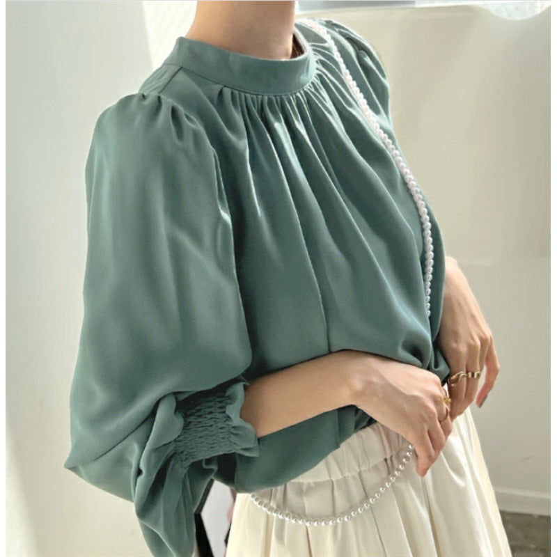 Damen elegante Bluse mit voluminösen Ärmeln und Stehkragen Drune