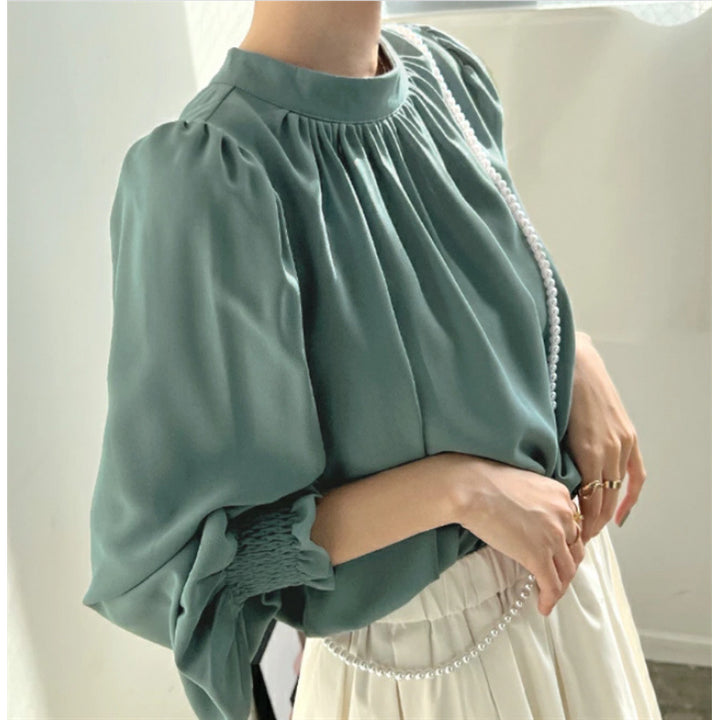 Damen elegante Bluse mit voluminösen Ärmeln und Stehkragen Drune