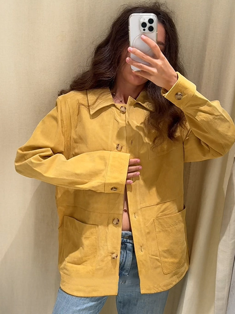 Damen modische Wildlederjacke mit praktischen Taschen Drune