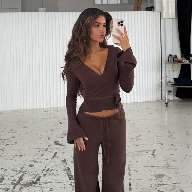 Damen lockerer Jumpsuit mit Wickeldesign und langen Ärmeln Drune