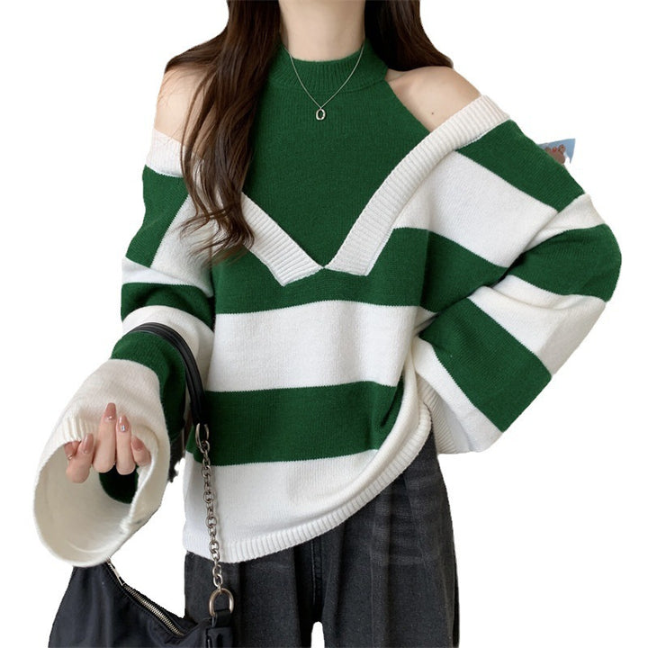 Damen V-Ausschnitt Oversized-Pullover mit modischem Streifenmuster und offenem Schulterdesign Drune