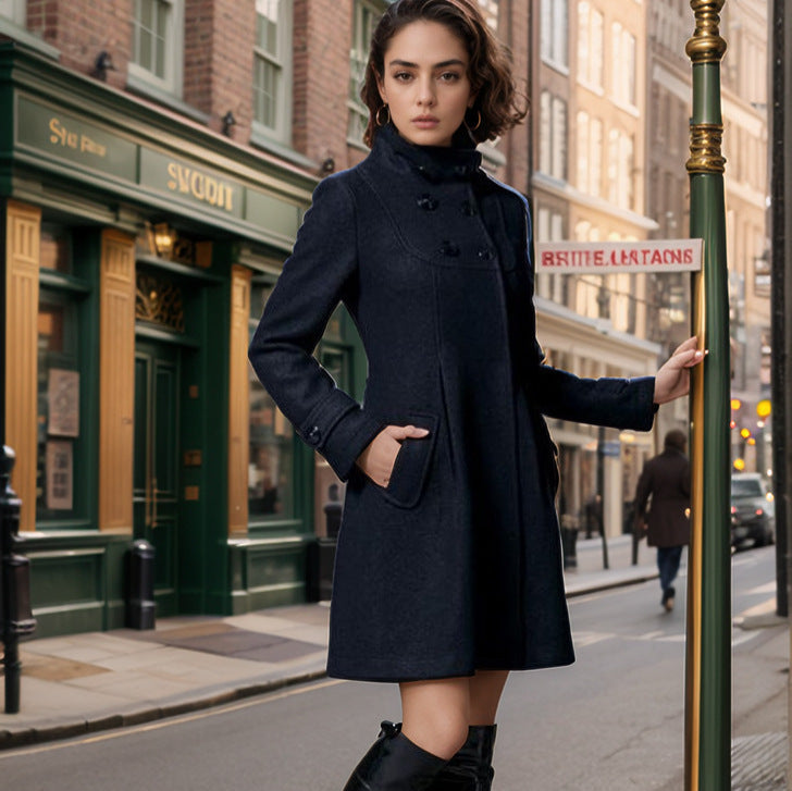 Damen eleganter Mantel mit hohem Kragen und funktionalen Taschen Drune
