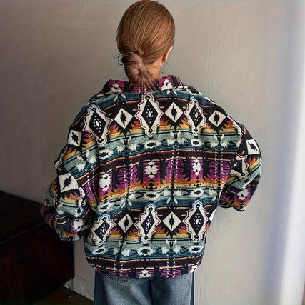 Damen Fleecejacke mit buntem Ethno-Muster und weichem Innenfutter Drune