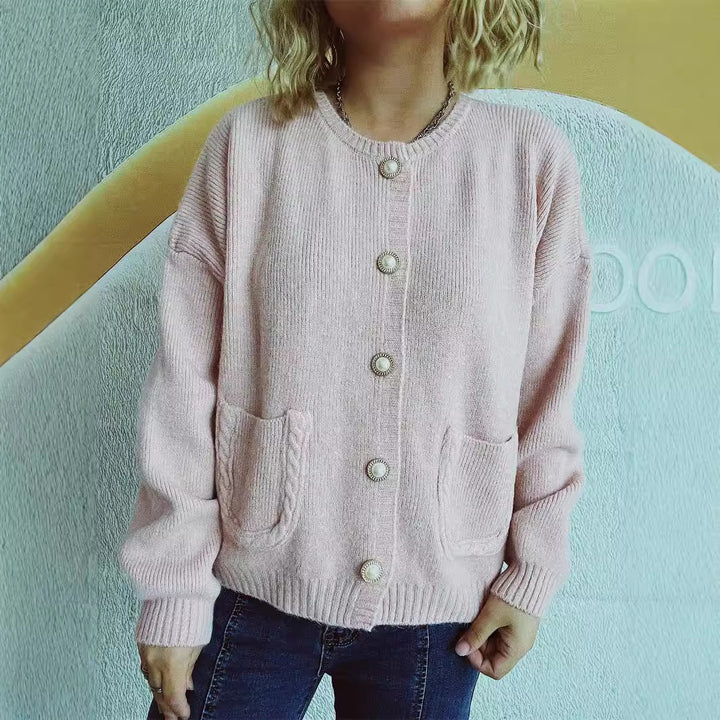 Damen gemütliche Strickjacke mit Perlenknöpfen und Taschen Drune