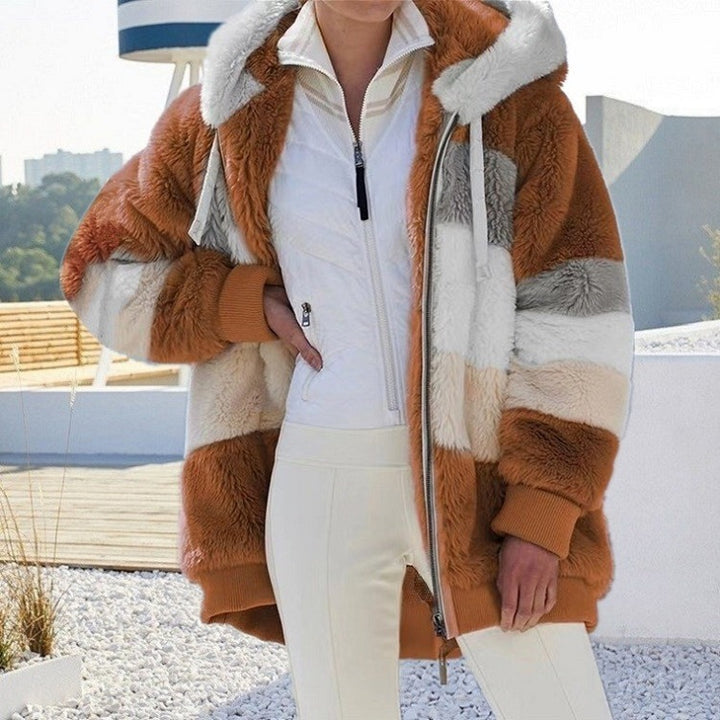 Damen nan Oversize Teddyfell-Kapuzenjacke mit Farbblock-Streifen, hochwertigem Reißverschluss und gerippten Bündchen Drune