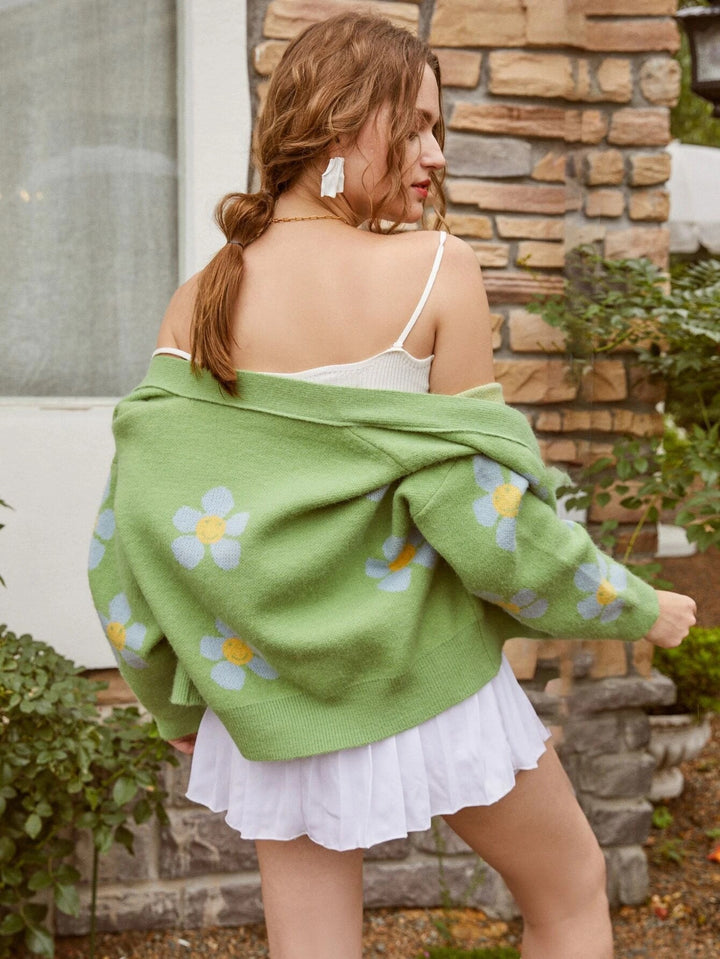 Damen grobstrick Cardigan mit floralem Muster und Knopfdetails Drune