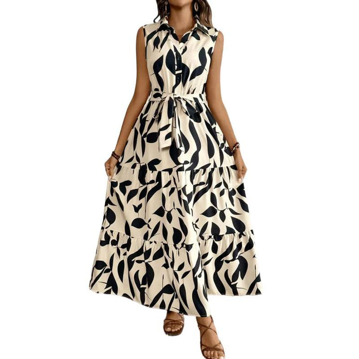 Damen Maxi-Kleid mit maskulinem Blätterdruck und tailliertem Gürtel Drune