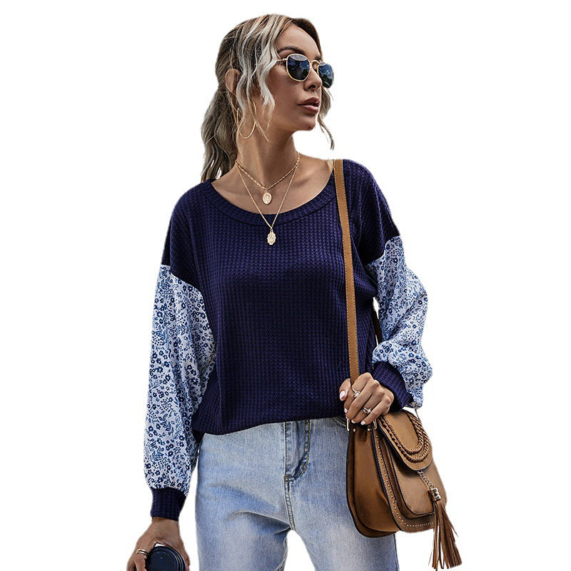 Damen lässiges Strickoberteil mit floralem Puffärmel-Design Drune